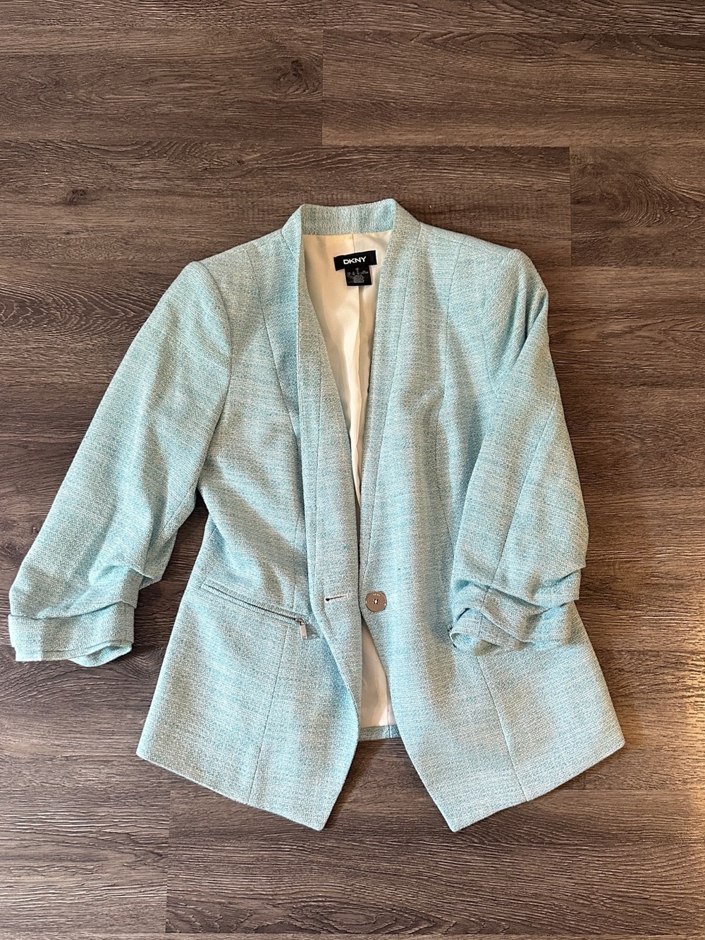 DKNY Aqua Blue Textured Ruched Sleeve Blazer Size 8